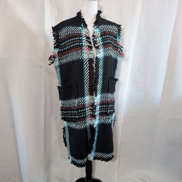 Luisa Spagnoli Italy Woven Knit Vest Black Multicolor Plaid Fringe Large IT 46 - Picture 3 of 15